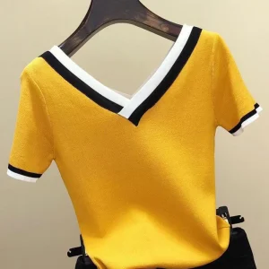 2024 Women's Clothing Spring Summer Tees New Thin Knitted Shirt Short Slimming Short Sleeve T-shirt Color blocked T-Shirts Tops