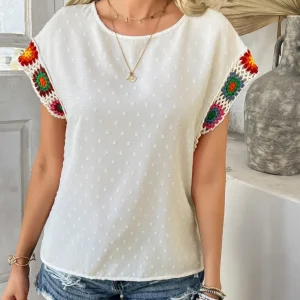 New Fashion 2025 Summer Casual Casual Color Blocking Vacation Polka Dot Embroidered Short Sleeved Top Shirt Women's Clothing