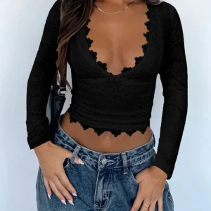 Women's fashionable and sexy deep V-hollow sweet and spicy lace pullover top for autumn 2025 new women's clothing