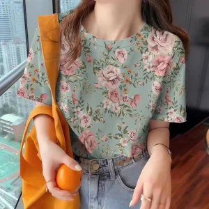 Summer Women Elegant T-shirt Crew-neck Short-sleeved Clothing Fashion Floral Print Top Loose Casual Half-sleeved Women T-shirt
