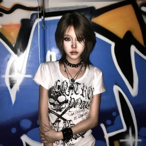 Punk Rock Harajuku T-Shirt Women's Y2K Clothing Subculture Tee with Print Clothing Mesh Panel Gothic Emo Streetwear Fashion Top